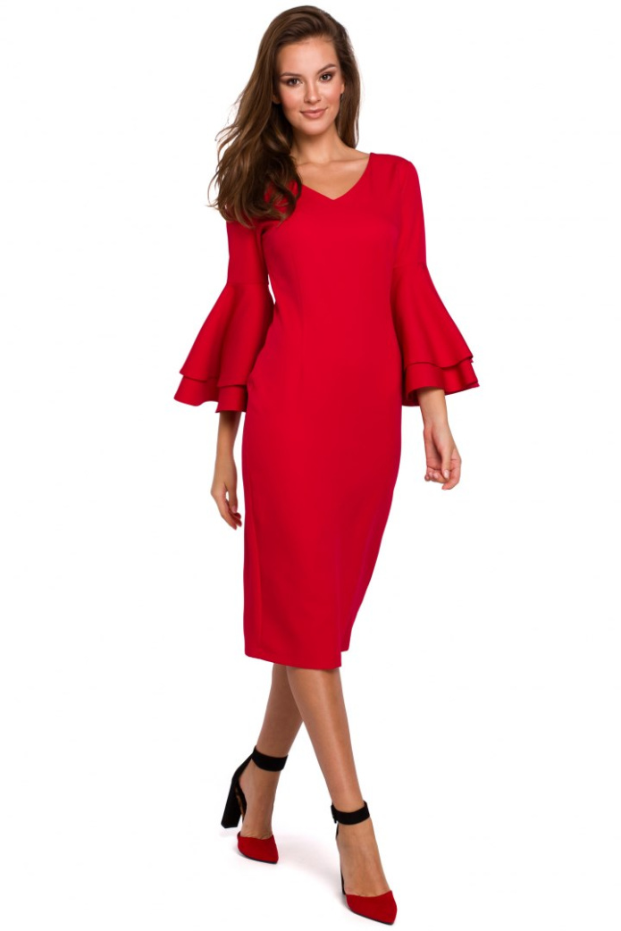 Sukienka Midi - Elegancka Ołówkowa Dekolt V - czerwona